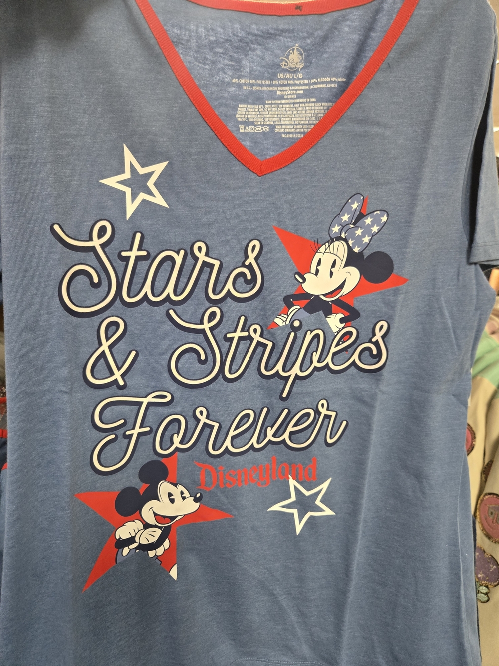 Disney Blue Tee with Red Trim and Patriotic Minnie & Mickey Graphic